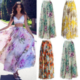 Women Jersey Floral Gypsy Stretchy High Waist Pleated Long Maxi Skirt Sun Dress - ENSEIGNE DENIS