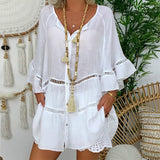 Plus Size 5XL Hollow Out Ruffle Women's Shirts 3/4 Flare Sleeve Lady Single Breasted Shirt 2020 Summer Casual Loose Female Tops - ENSEIGNE DENIS