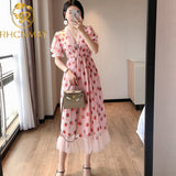 Sexy V-Neck Belt Strawberry Hot stamping Short Sleeve Party Mid-Length Dress Net Yarn Summer New Women'S Clothing - ENSEIGNE DENIS