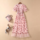 Sexy V-Neck Belt Strawberry Hot stamping Short Sleeve Party Mid-Length Dress Net Yarn Summer New Women'S Clothing - ENSEIGNE DENIS