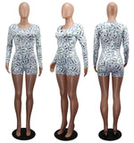 2020 Sexy Women V-neck Bodycon Sleepwear Jumpsuit Button Bodysuit Shorts Romper Leotard Printed Long/Short Sleeve Bodysuit - ENSEIGNE DENIS