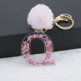 1PC Women Keychains  26 Glitter Hollowed-out  Words Handbag English Letter Keyring  with Puffer Ball Charms - ENSEIGNE DENIS