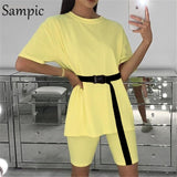 Sampic Fashion White Khaki Sexy Women Summer O Neck Short Sleeve Shirt Tops And Bodycon Shorts Bottom Suit Two Piece Sets Outfit - ENSEIGNE DENIS