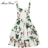 MoaaYina Fashion Cotton dress Summer Women's Dress  Spaghetti strap Backless Floral Print White Cotton Cascading Ruffle Dresses - ENSEIGNE DENIS