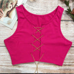 ArtSu Red Black White Metal Chain Sleeveless Crop Top Sexy Clubwear Women Adjustable Lace Up Hollow Out Tank Tops Tees Camisole - ENSEIGNE DENIS