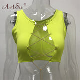 ArtSu Red Black White Metal Chain Sleeveless Crop Top Sexy Clubwear Women Adjustable Lace Up Hollow Out Tank Tops Tees Camisole - ENSEIGNE DENIS