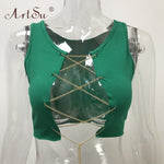ArtSu Red Black White Metal Chain Sleeveless Crop Top Sexy Clubwear Women Adjustable Lace Up Hollow Out Tank Tops Tees Camisole - ENSEIGNE DENIS