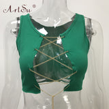 ArtSu Red Black White Metal Chain Sleeveless Crop Top Sexy Clubwear Women Adjustable Lace Up Hollow Out Tank Tops Tees Camisole - ENSEIGNE DENIS