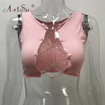 ArtSu Red Black White Metal Chain Sleeveless Crop Top Sexy Clubwear Women Adjustable Lace Up Hollow Out Tank Tops Tees Camisole - ENSEIGNE DENIS