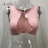 ArtSu Red Black White Metal Chain Sleeveless Crop Top Sexy Clubwear Women Adjustable Lace Up Hollow Out Tank Tops Tees Camisole - ENSEIGNE DENIS