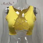 ArtSu Red Black White Metal Chain Sleeveless Crop Top Sexy Clubwear Women Adjustable Lace Up Hollow Out Tank Tops Tees Camisole - ENSEIGNE DENIS