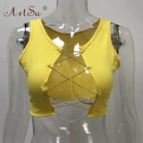 ArtSu Red Black White Metal Chain Sleeveless Crop Top Sexy Clubwear Women Adjustable Lace Up Hollow Out Tank Tops Tees Camisole - ENSEIGNE DENIS