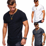 Hot 2021 Solid Color Sleeve Pleated Patch Detail Long Sleeve T-Shirt Men Spring Casual Tops Pullovers Fashion Slim Basic Tops