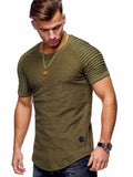 Hot 2021 Solid Color Sleeve Pleated Patch Detail Long Sleeve T-Shirt Men Spring Casual Tops Pullovers Fashion Slim Basic Tops