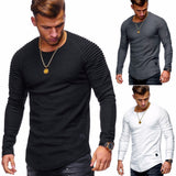 Hot 2021 Solid Color Sleeve Pleated Patch Detail Long Sleeve T-Shirt Men Spring Casual Tops Pullovers Fashion Slim Basic Tops