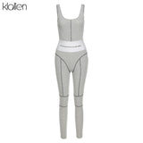 KLALIEN 2020 summer casual sport fitness elastic skinny letter jumpsuit women black white patchwork high waist female jumpsuit - ENSEIGNE DENIS