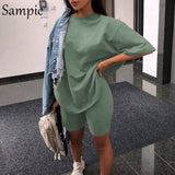 Sampic Fashion White Khaki Sexy Women Summer O Neck Short Sleeve Shirt Tops And Bodycon Shorts Bottom Suit Two Piece Sets Outfit - ENSEIGNE DENIS