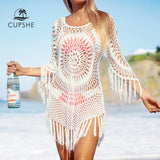 CUPSHE White Crochet Bikini Cover Up with Fringe Trim Women Sexy Hollow Tunic Beach Dress 2020 Summer Bathing Suit Beachwear - ENSEIGNE DENIS
