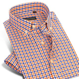 England Style Plaid Checked Cotton Men Shirts Pocket-less Design Short Sleeve Summer Casual Standard-fit Button-down Thin Shirt - ENSEIGNE DENIS