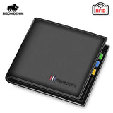 BISON DENIM 100% Cow Leather Wallet Men Fashion Bifold Card Holder Wallet RFID Blocking Male Short Purse High Quality N4475 - ENSEIGNE DENIS