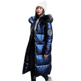 women X-long oversize blue down jackets thick casual with fur epaulet 2020 winter female down coats hooded solid piumini donna - ENSEIGNE DENIS