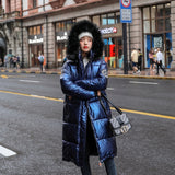 women X-long oversize blue down jackets thick casual with fur epaulet 2020 winter female down coats hooded solid piumini donna - ENSEIGNE DENIS