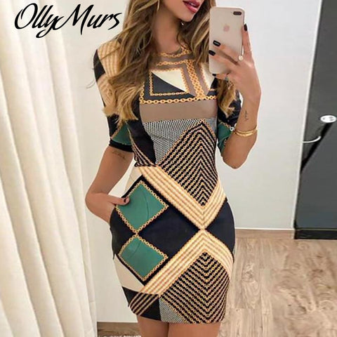 2020 New Autumn Winter Elegant Dress Printed Short Sleeved Slim Round Neck Women MIni Dress Evening Party Dress Vestidos Cortos - ENSEIGNE DENIS