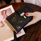 Women Wallet PU Leather Purse Female Long Wallet Gold Hollow Leaves Pouch Handbag For Women Coin Purse Card Holders Clutch - ENSEIGNE DENIS
