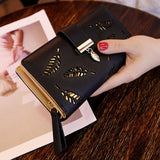 Women Wallet PU Leather Purse Female Long Wallet Gold Hollow Leaves Pouch Handbag For Women Coin Purse Card Holders Clutch - ENSEIGNE DENIS