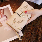 Women Wallet PU Leather Purse Female Long Wallet Gold Hollow Leaves Pouch Handbag For Women Coin Purse Card Holders Clutch - ENSEIGNE DENIS