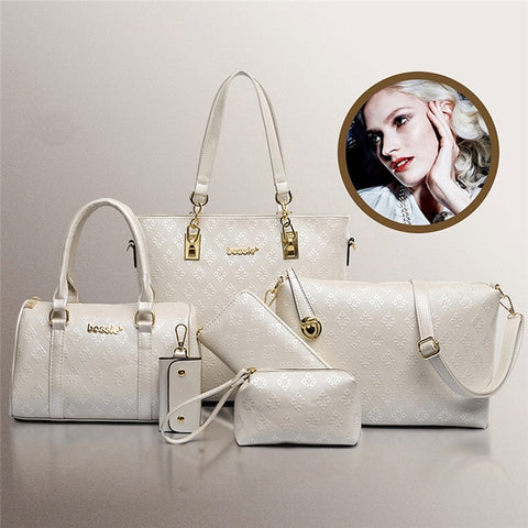 6 Pcs / Set Fashion Women Composite Bags PU Leather Diamond Lattice Print Women Handbag Shoulder Bag Wallets Purse Key Bag Set - ENSEIGNE DENIS