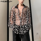 Fashion Men Mesh Shirt Transparent Long Sleeve Printed Lapel Loose Streetwear Blouse Party Clubwear Casual Casmia S-5XL INCERUN