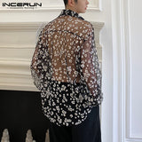 Fashion Men Mesh Shirt Transparent Long Sleeve Printed Lapel Loose Streetwear Blouse Party Clubwear Casual Casmia S-5XL INCERUN