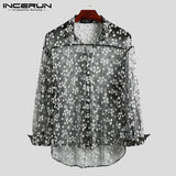 Fashion Men Mesh Shirt Transparent Long Sleeve Printed Lapel Loose Streetwear Blouse Party Clubwear Casual Casmia S-5XL INCERUN