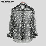 Fashion Men Mesh Shirt Transparent Long Sleeve Printed Lapel Loose Streetwear Blouse Party Clubwear Casual Casmia S-5XL INCERUN
