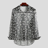 Fashion Men Mesh Shirt Transparent Long Sleeve Printed Lapel Loose Streetwear Blouse Party Clubwear Casual Casmia S-5XL INCERUN