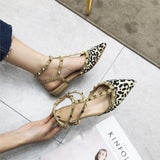 2020 New Spring Ankle Strap Women Flat Leopard Shoes T-strap Pointed Toe Rivet Flat Sandals Woman Party Dress Shoes - ENSEIGNE DENIS