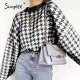 Simplee Women geometric khaki knitted sweater women casual Houndstooth lady pullover sweater female Autumn winter retro jumper - ENSEIGNE DENIS