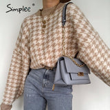 Simplee Women geometric khaki knitted sweater women casual Houndstooth lady pullover sweater female Autumn winter retro jumper - ENSEIGNE DENIS