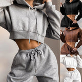 Casual Two Piece Set Hoodie Solid Color Short Tops And Long Pants Loose 2 Piece Set Women Fashion Sexy Sport Female Tracksuits - ENSEIGNE DENIS