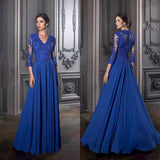 Elegant Blue Mother of the Bride Dresses Long Sleeves Lace Exquisite Chiffon Groom Mother Dress A Line Wedding Party Guest Gowns