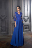 Elegant Blue Mother of the Bride Dresses Long Sleeves Lace Exquisite Chiffon Groom Mother Dress A Line Wedding Party Guest Gowns