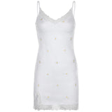 HEYounGIRL 90s Print Embroidery Lace Sexy Bodycon Dress Split Summer Mini Dresses Ladies Embroidery Sleeveless Short Dress Y2K
