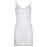 HEYounGIRL 90s Print Embroidery Lace Sexy Bodycon Dress Split Summer Mini Dresses Ladies Embroidery Sleeveless Short Dress Y2K