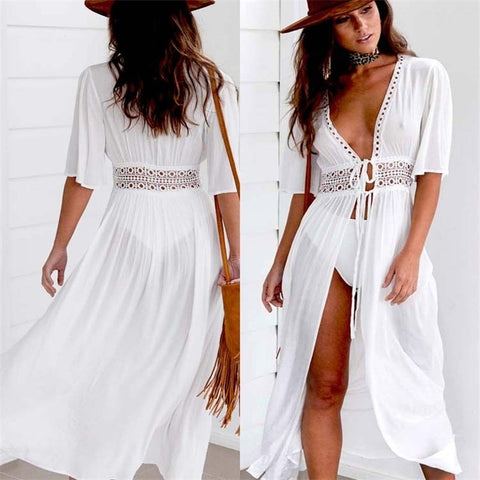 3XL Plus Size Beach Long Maxi Dress Women Beach Cover Up Tunic Pareo White V Neck Dress Robe Swimwear Bathing Suit Beachwear - ENSEIGNE DENIS