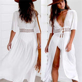 3XL Plus Size Beach Long Maxi Dress Women Beach Cover Up Tunic Pareo White V Neck Dress Robe Swimwear Bathing Suit Beachwear - ENSEIGNE DENIS