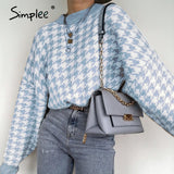 Simplee Women geometric khaki knitted sweater women casual Houndstooth lady pullover sweater female Autumn winter retro jumper - ENSEIGNE DENIS