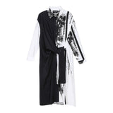 [EAM] Women White Printed Knot Big Size Shirt Dress New Lapel Long Sleeve Loose Fit Fashion Tide Spring Autumn 2020 1Y931 - ENSEIGNE DENIS