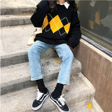 Korean College Style Autumn Winter Geometric Pattern Argyle Pullovers Loose Oversized O-Neck Knitted Sweaters Woman Jumper Mujer