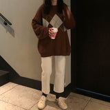 Korean College Style Autumn Winter Geometric Pattern Argyle Pullovers Loose Oversized O-Neck Knitted Sweaters Woman Jumper Mujer